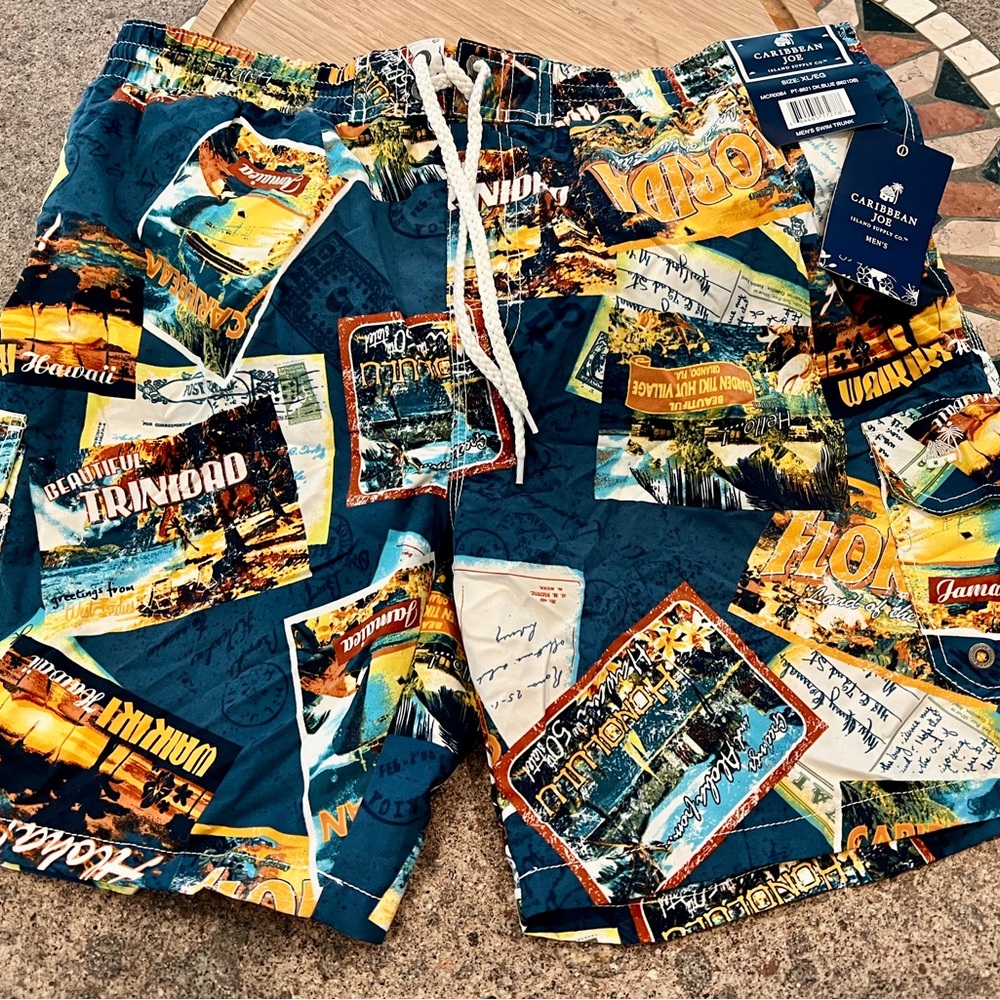 NWT Caribbean Joe Men's Postcard Print Swim Trunks Shorts Men’s XL Cruisewear